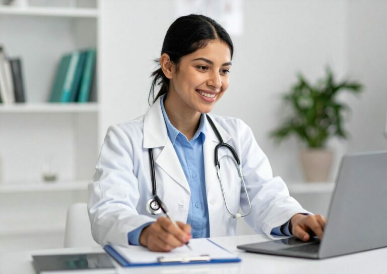 Medecin devant son ordinateur repondant aux demandes (2)